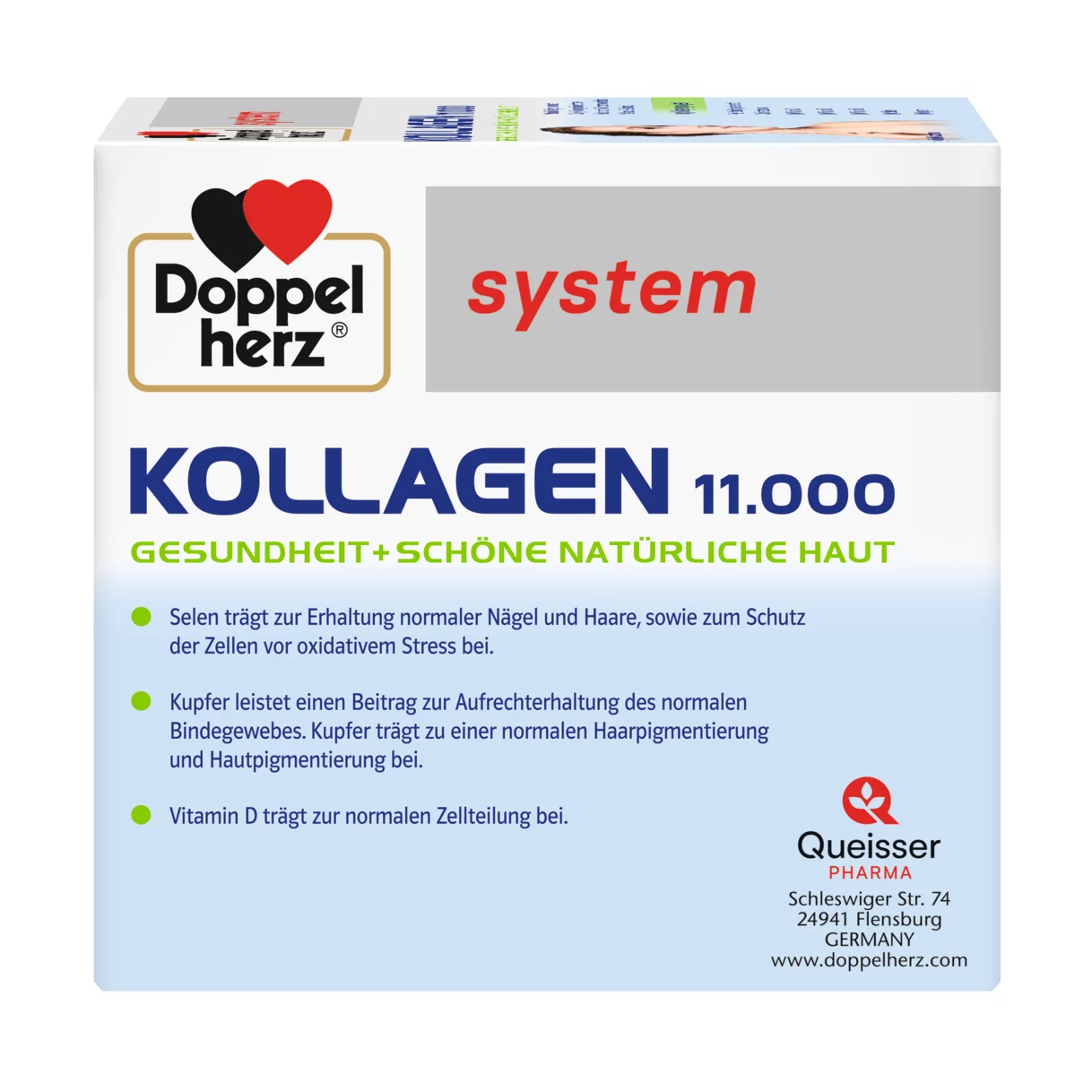 Illustration of the product packaging Doppelherz system Collagen 11.000 side view left